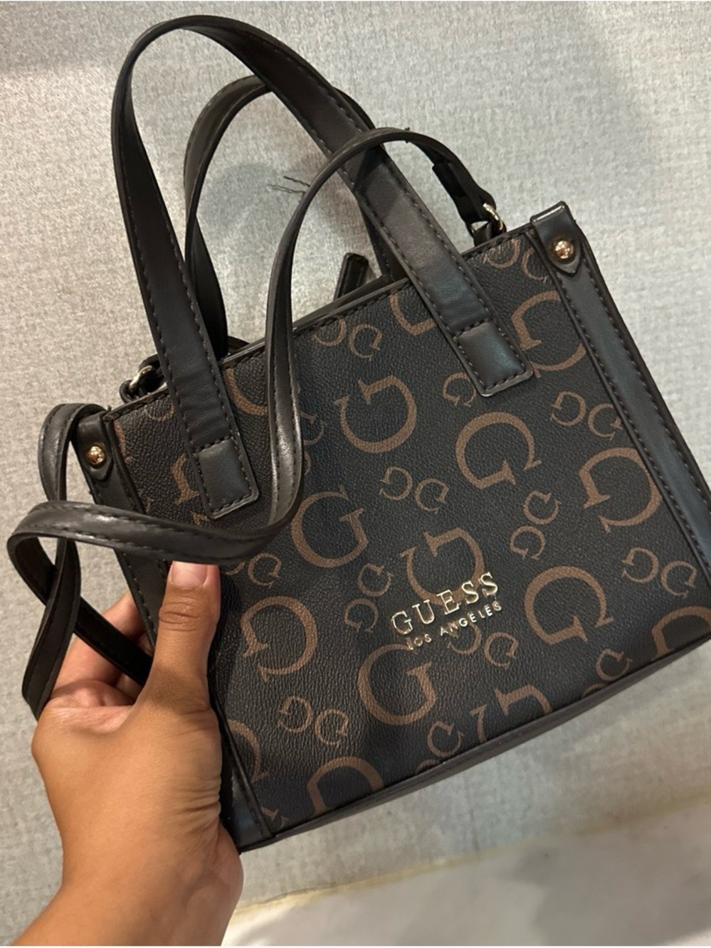 GUESS Brown Monogram Mini Crossbody Tote
